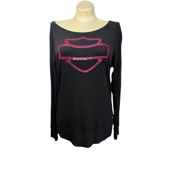 Harley Davidson Womens L Biker‎ Black w/Pink Sequined Iconic Label Cancer Ribbon - Picture 1 of 9